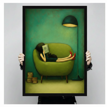 Girl reading book with black cat art print in black frame held in hands, showing large print size and oil painting quality