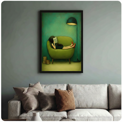 Girl reading book with black cat framed art print on sage green-grey wall above linen sofa, whimsical living room decor