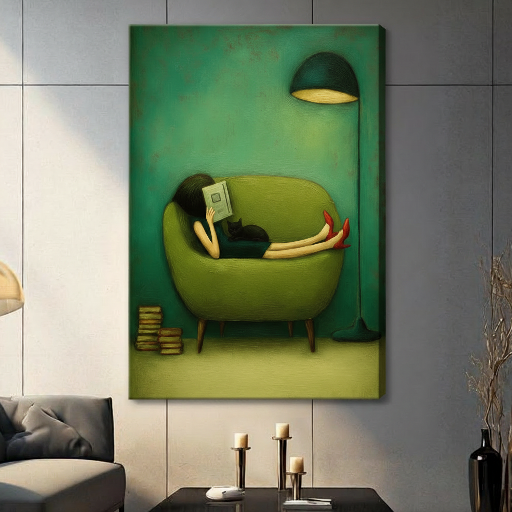 Girl reading with black cat on green armchair canvas wrap print on grey wall, frameless oil painting style literary wall art