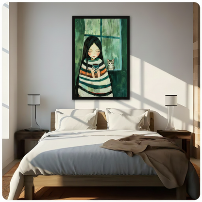Girl in striped sweater cradling coffee mug with cat framed wall art above bed in bright Scandinavian bedroom