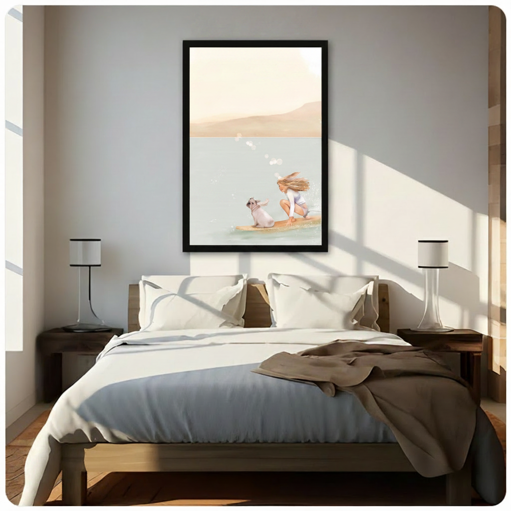 Bedroom wall art of a windswept girl and her French bulldog on a surfboard, displayed above a wooden bed in a warm sunlit Scandinavian bedroom
