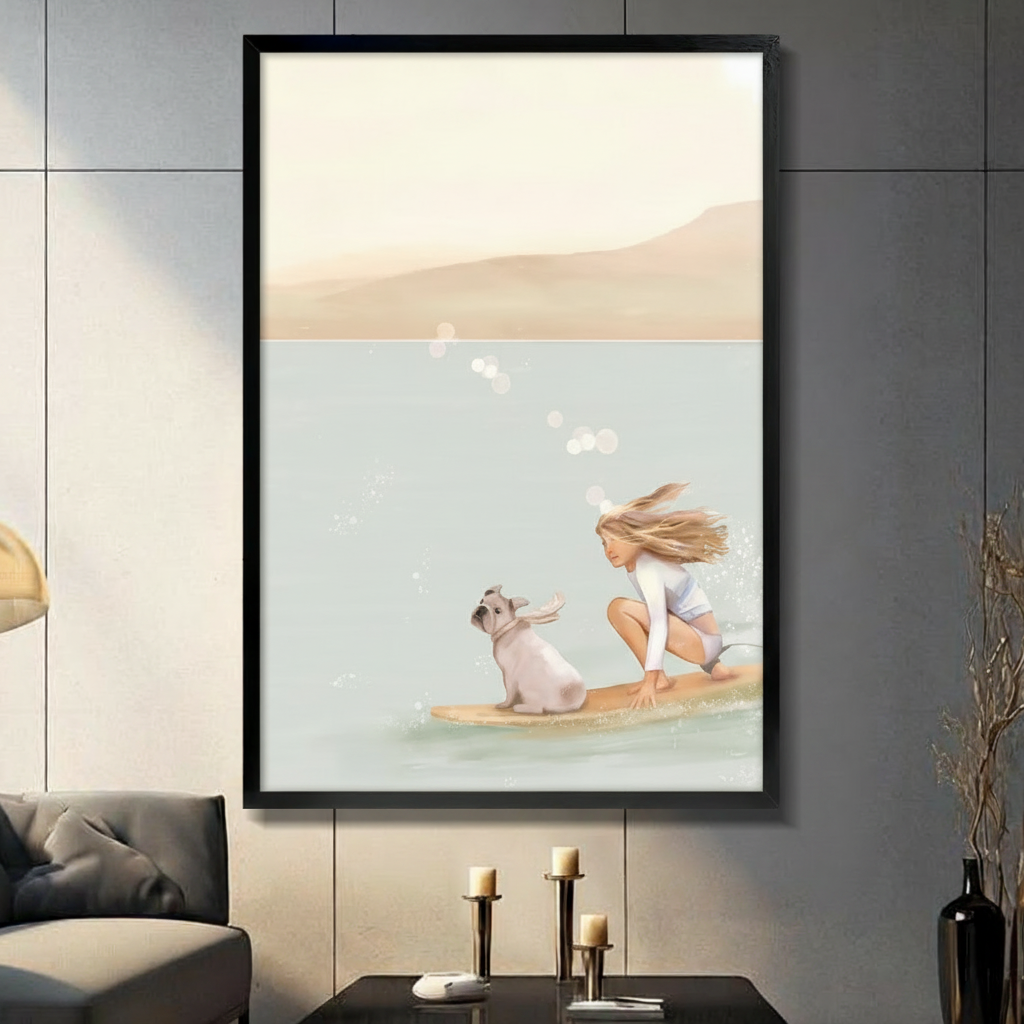 Framed wall art print of a girl surfing on a board with a French bulldog on a soft teal and beige ocean background, displayed in a dark modern living room