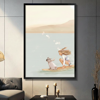 Framed wall art print of a girl surfing on a board with a French bulldog on a soft teal and beige ocean background, displayed in a dark modern living room