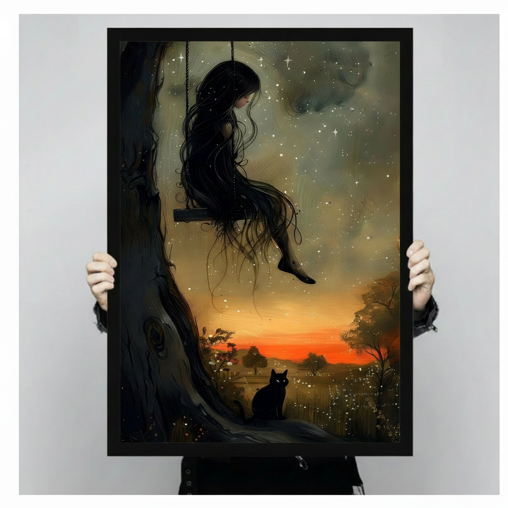 Person holding a large black framed dark fantasy girl on swing with glowing black cat and starry sunset sky art print showing print size scale and painterly detail
