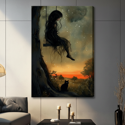 Unframed canvas print of a dark fantasy girl swinging from a gnarled tree with a glowing-eyed black cat against a fiery orange sunset and starry sky in a contemporary grey living room