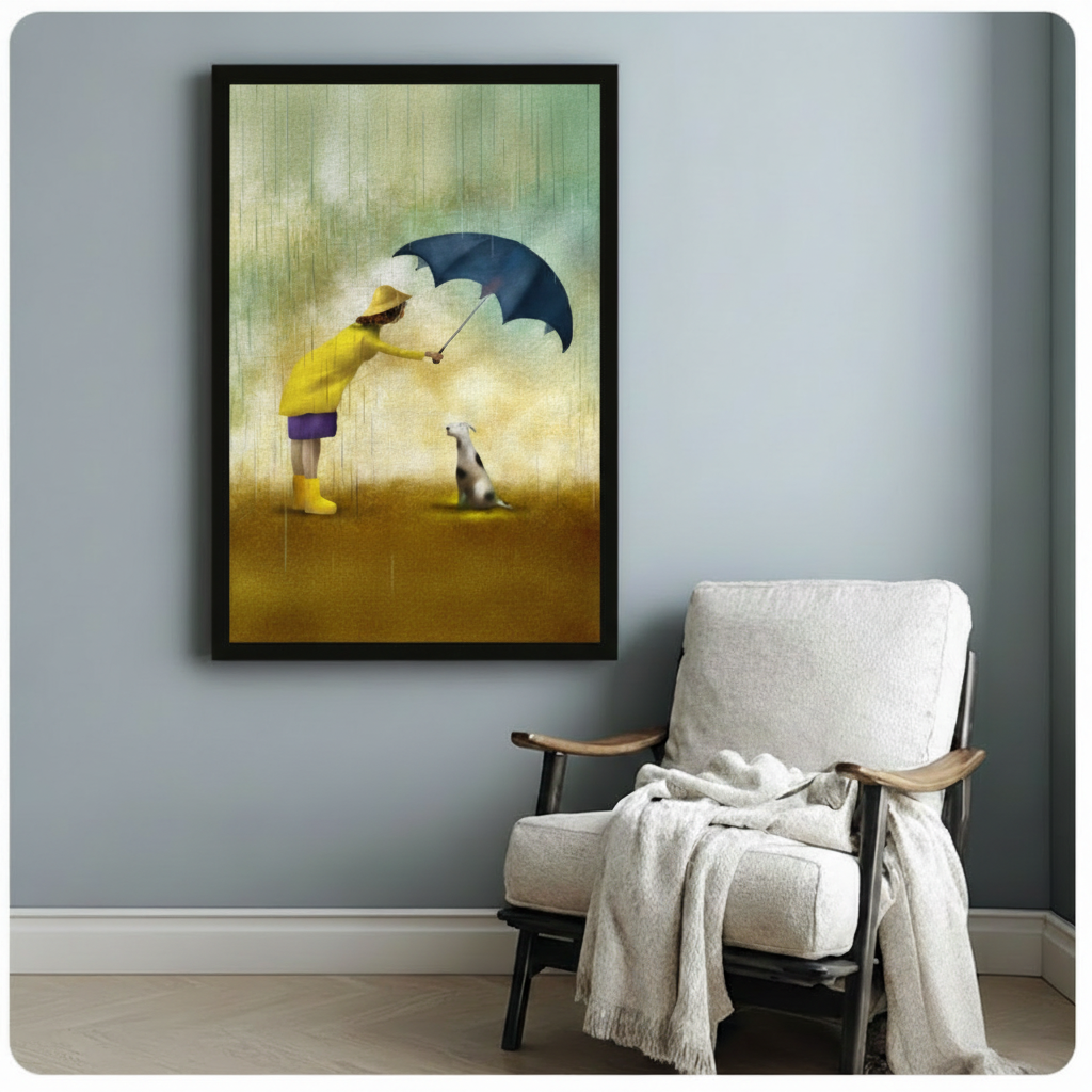 Black framed whimsical illustration girl in yellow raincoat and yellow boots sheltering spotted dog with navy umbrella in rain canvas print beside white linen armchair on blue-grey wall - tender girl and dog in rain oil painting wall art with warm golden amber tones for reading nook decor