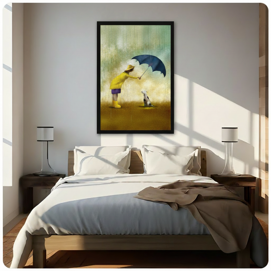 Framed whimsical illustration girl in yellow raincoat and boots sheltering spotted dog with navy umbrella in rain canvas print above wooden bed in sunlit minimalist bedroom - heartwarming girl and dog in rain oil painting wall art with warm golden amber background for contemporary bedroom home decor