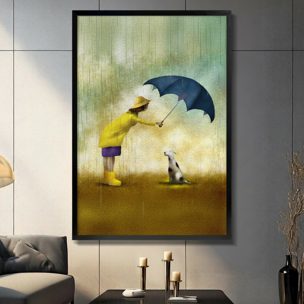Framed whimsical illustration girl in yellow raincoat holding navy umbrella over spotted dog in rain canvas print on grey tile wall in modern living room - heartwarming girl and dog in rain oil painting wall art with warm golden amber background for contemporary home decor