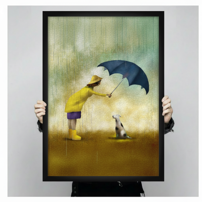 Person holding large framed whimsical illustration girl in yellow raincoat holding navy umbrella over spotted dog in rain canvas print with both hands - close up view of heartwarming girl and dog in rain oil painting wall art with warm golden amber background and black frame finish