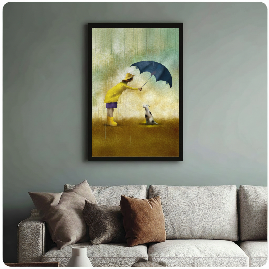 Framed whimsical illustration girl in yellow raincoat holding navy umbrella over spotted dog in rain canvas print above cream sofa on sage blue-grey wall - heartwarming girl and dog in rain oil painting wall art with warm golden amber background for stylish living room decor