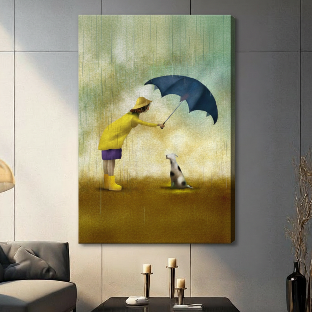 Unframed whimsical illustration girl in yellow raincoat and boots sheltering spotted dog with navy umbrella in rain canvas print on grey tile wall in contemporary living room - tender girl and dog in rain oil painting wall art with soft golden amber tones for modern interior decor