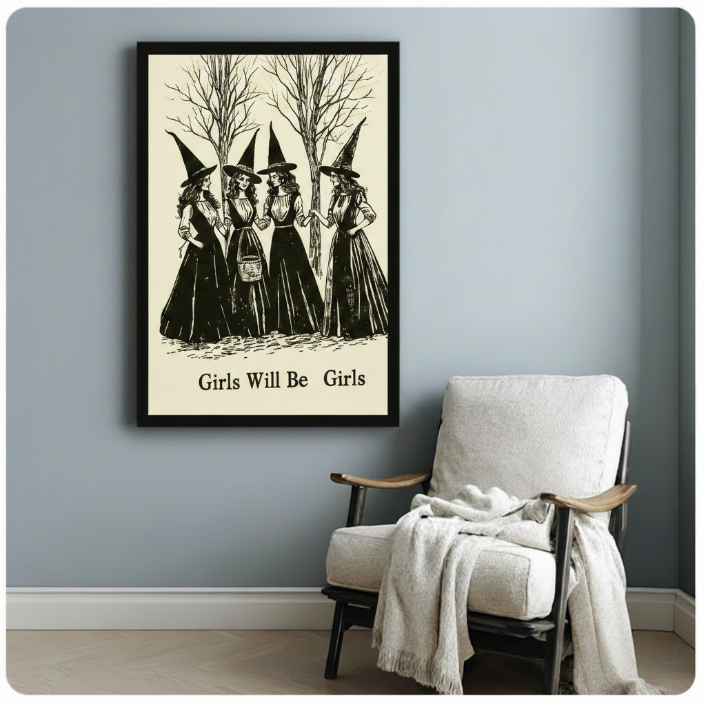 Black framed witchcraft wall art print showing four women in long dark dresses and witch hats among leafless trees with Girls Will Be Girls caption, styled beside a white linen armchair on a blue-grey wall