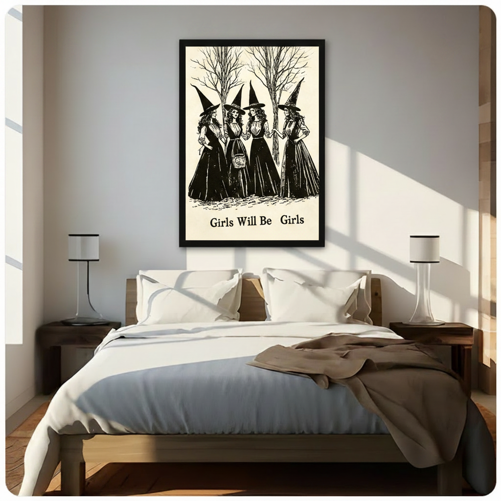 Framed vintage-style witch art print hung above a bed in a sunlit bedroom, featuring four witches in long black gowns and tall hats standing in a bare winter forest, captioned Girls Will Be Girls