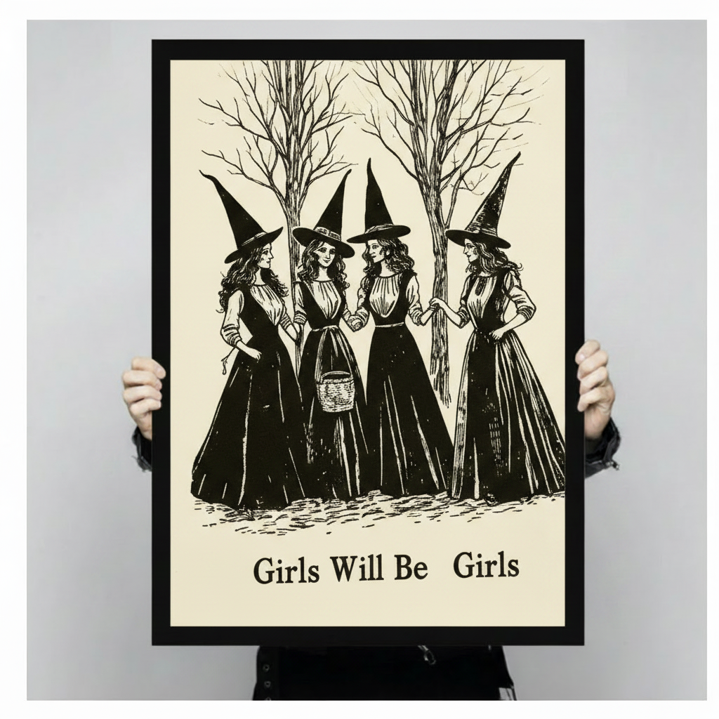 Close-up of a gothic art print being held up, depicting four witches in Victorian-style black dresses and pointed hats in a woodland scene, with Girls Will Be Girls printed in bold serif font at the bottom