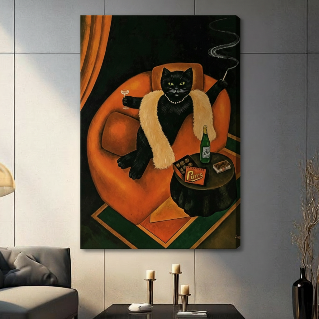 Art Deco oil painting of a glamorous black cat in a fur stole holding a cocktail and cigarette holder lounging in an orange armchair with champagne and chocolates on a side table cat wall art stretched canvas in living room with light gray panel wall and dark sofa