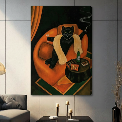 Art Deco oil painting of a glamorous black cat in a fur stole holding a cocktail and cigarette holder lounging in an orange armchair with champagne and chocolates on a side table cat wall art stretched canvas in living room with light gray panel wall and dark sofa