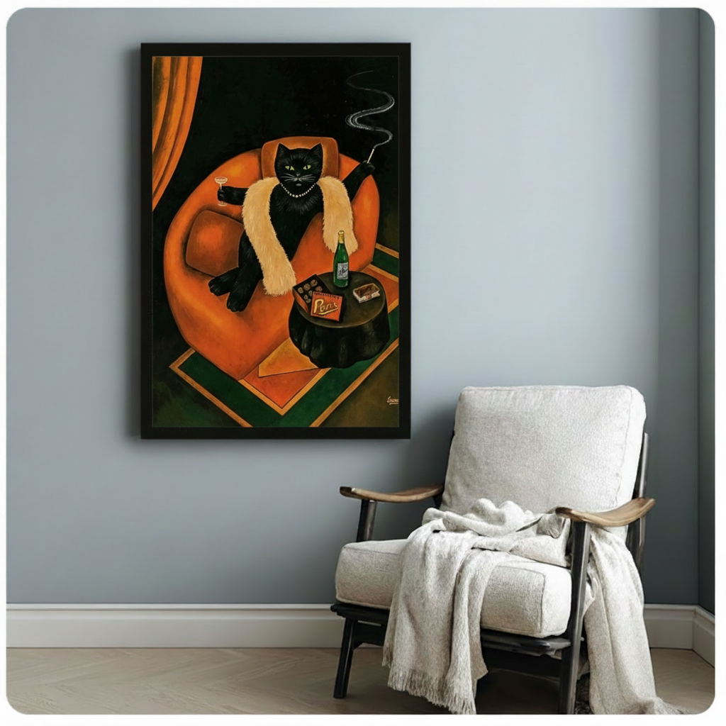 Art Deco oil painting of a glamorous black cat in a fur stole holding a cocktail and cigarette holder lounging in an orange armchair with champagne and chocolates on a side table cat wall art framed print beside white armchair on blue-gray wall