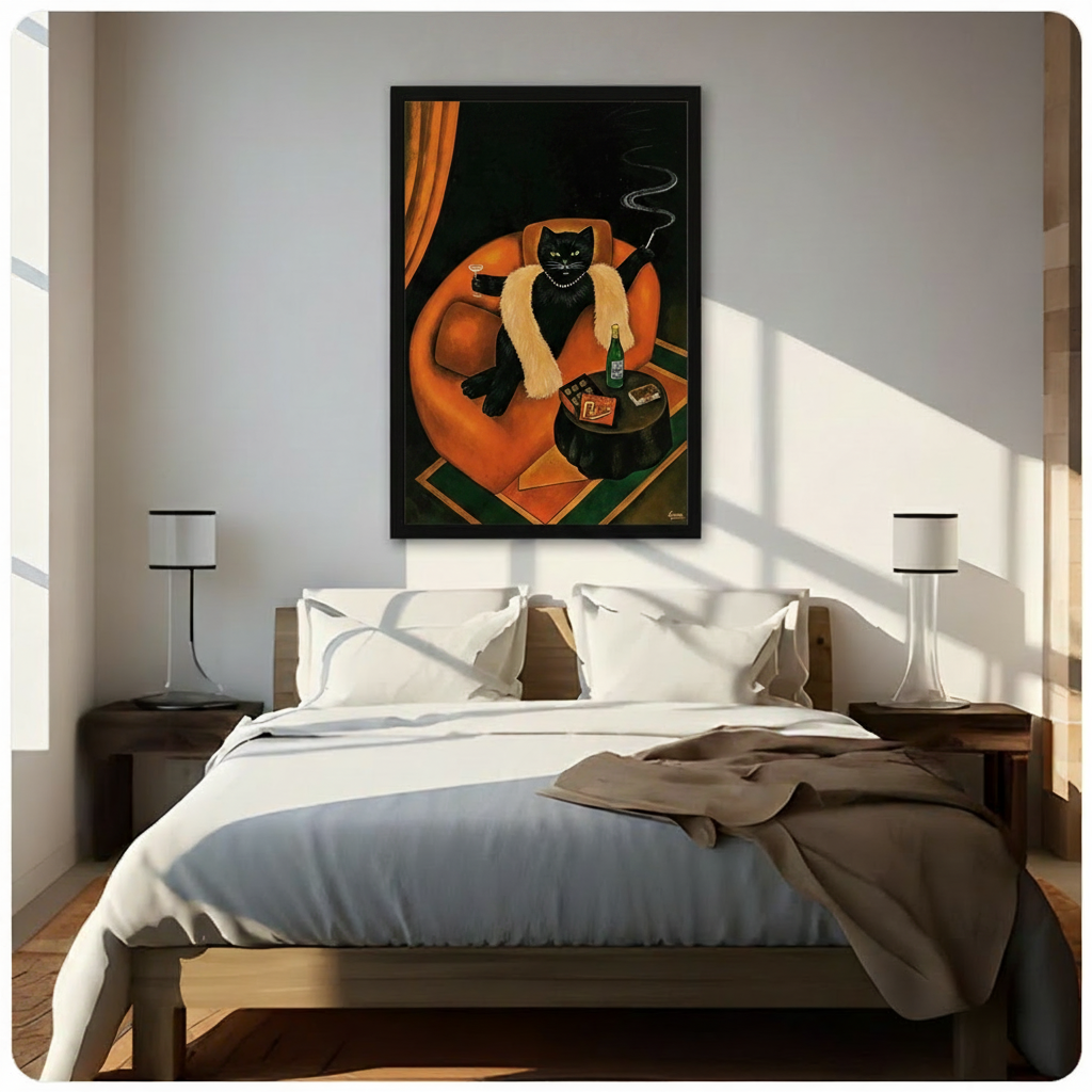 Art Deco oil painting of a glamorous black cat in a fur stole holding a cocktail and cigarette holder lounging in an orange armchair with champagne and chocolates on a side table cat wall art framed print above bedroom with white bedding and dark wood bedside tables