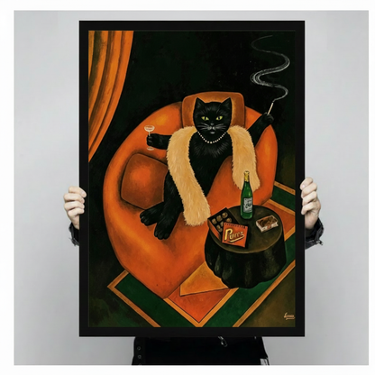 Art Deco oil painting of a glamorous black cat in a fur stole holding a cocktail and cigarette holder lounging in an orange armchair with champagne and chocolates on a side table cat wall art framed print held against light gray background