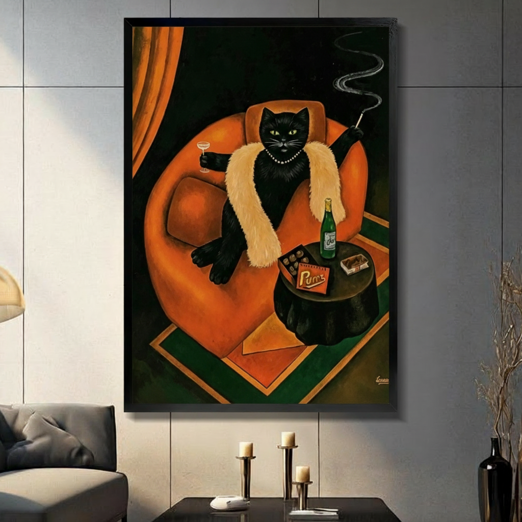 Art Deco oil painting of a glamorous black cat in a fur stole holding a cocktail and cigarette holder lounging in an orange armchair with champagne and chocolates on a side table cat wall art framed print in living room with light gray panel wall and dark sofa