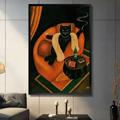Art Deco oil painting of a glamorous black cat in a fur stole holding a cocktail and cigarette holder lounging in an orange armchair with champagne and chocolates on a side table cat wall art framed print in living room with light gray panel wall and dark sofa