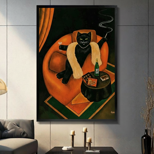 Art Deco oil painting of a glamorous black cat in a fur stole holding a cocktail and cigarette holder lounging in an orange armchair with champagne and chocolates on a side table cat wall art framed print in living room with light gray panel wall and dark sofa