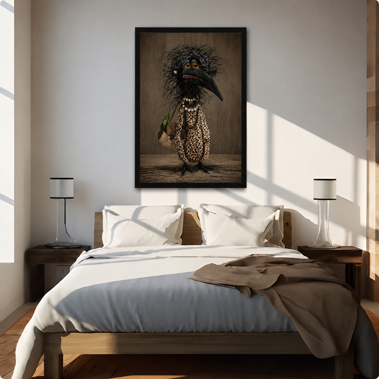 Glamorous raven in dotted dress with handbag — dark humor bird art print above bed in warm minimalist bedroom