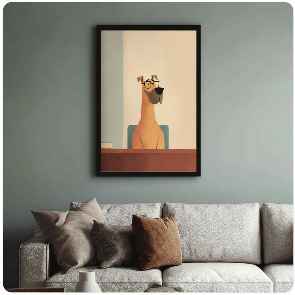 Minimalist dog with glasses canvas print above sofa — modern pet lover wall art for American living room and home office