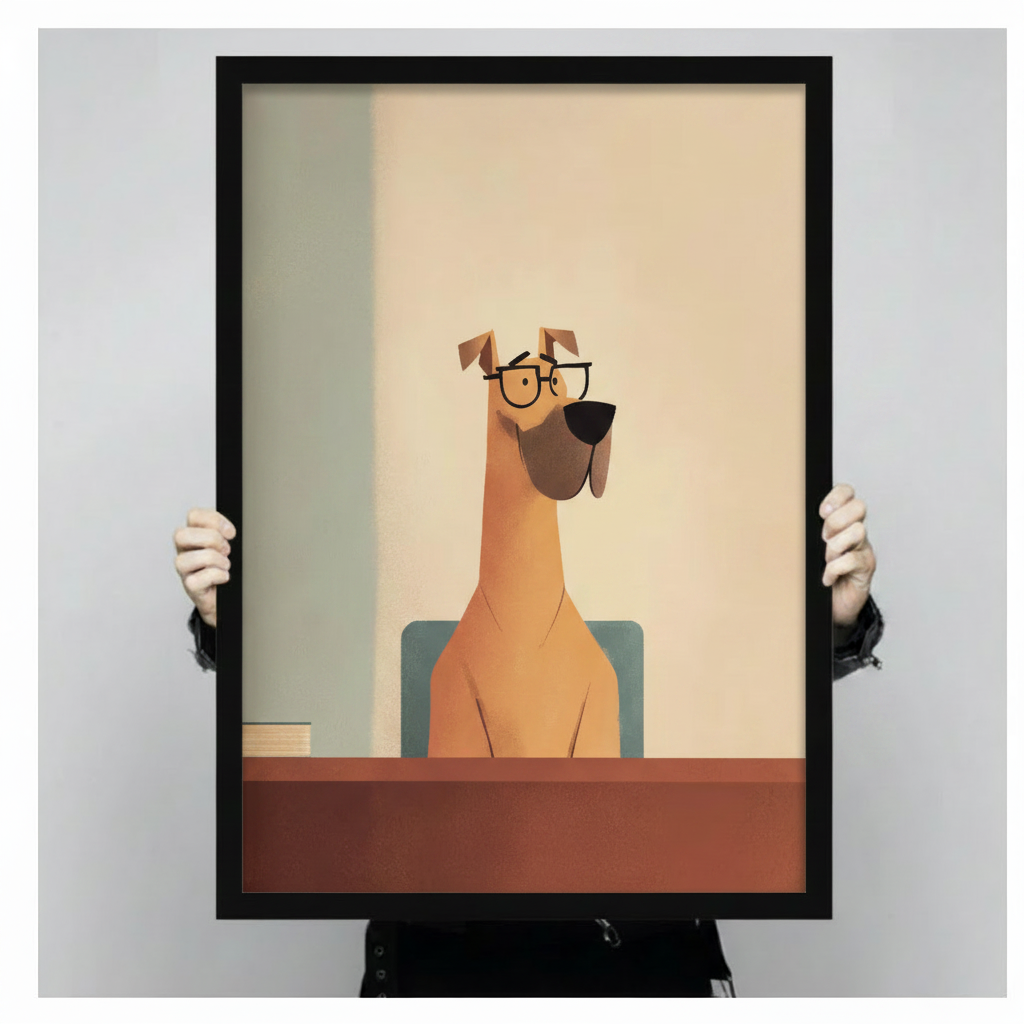Glasses dog canvas wall art styled on gallery wall — funny minimalist dog print for Scandinavian and transitional interiors