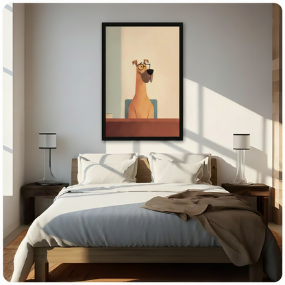 Minimalist dog with glasses canvas print detail — beige and teal flat illustration style for modern home office wall decor"