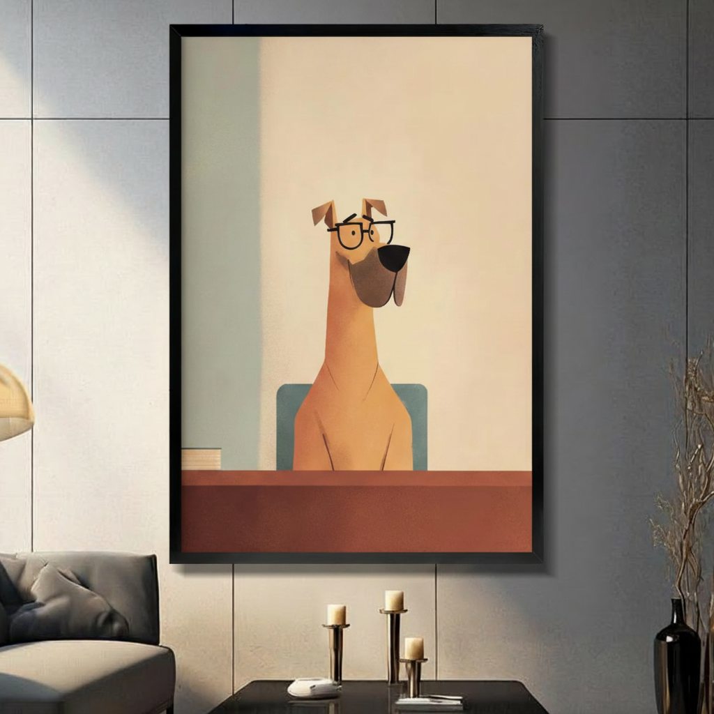 Glasses dog minimalist canvas wall art in black frame — funny dog with glasses print hanging on blue-gray wall beside white armchair