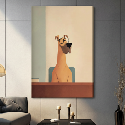 Dog with glasses stretched canvas wall art — frameless gallery wrap print displayed on gray wall in modern living room