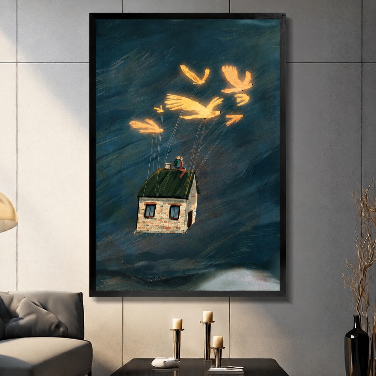 Framed canvas wall art featuring glowing golden birds lifting a stone house through a stormy teal sky, displayed in a dark modern living room
