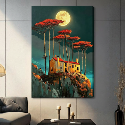Surreal digital painting of a glowing golden cottage with a red roof perched on a rocky cliff surrounded by towering red-leafed trees under a luminous full moon on a teal night sky fantasy landscape wall art stretched canvas in living room with dark gray panel wall and dark sofa