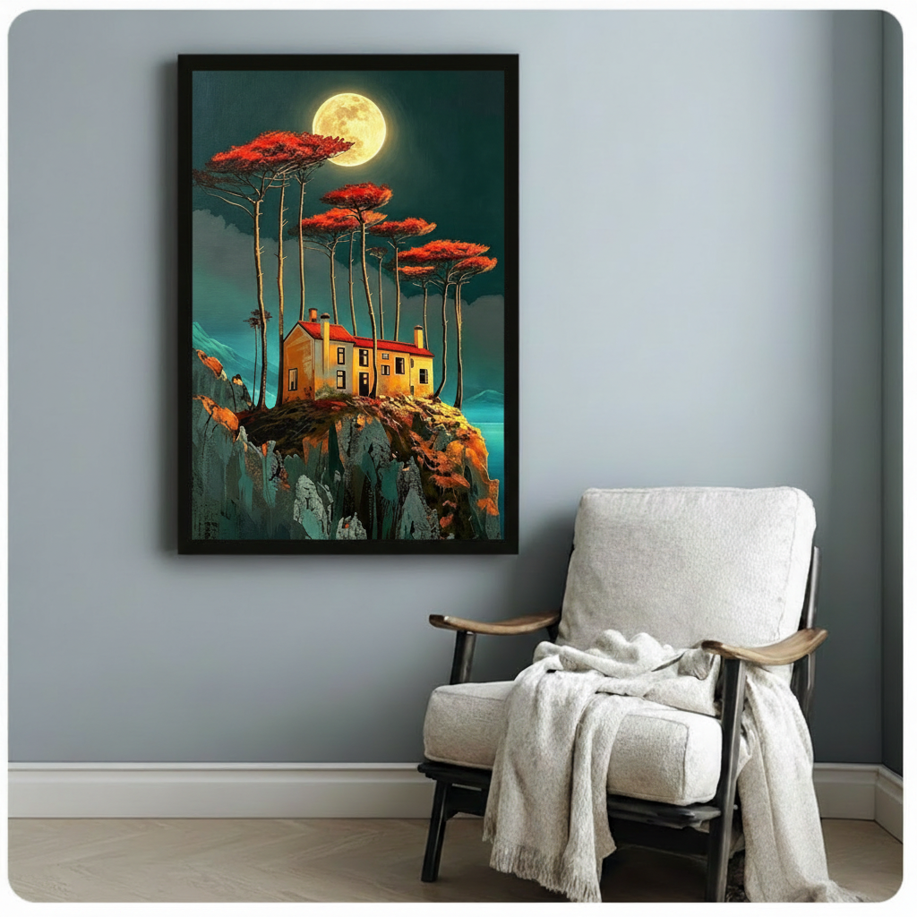 Surreal digital painting of a glowing golden cottage with a red roof perched on a rocky cliff surrounded by towering red-leafed trees under a luminous full moon on a teal night sky fantasy landscape wall art framed print beside linen armchair on blue-gray wall