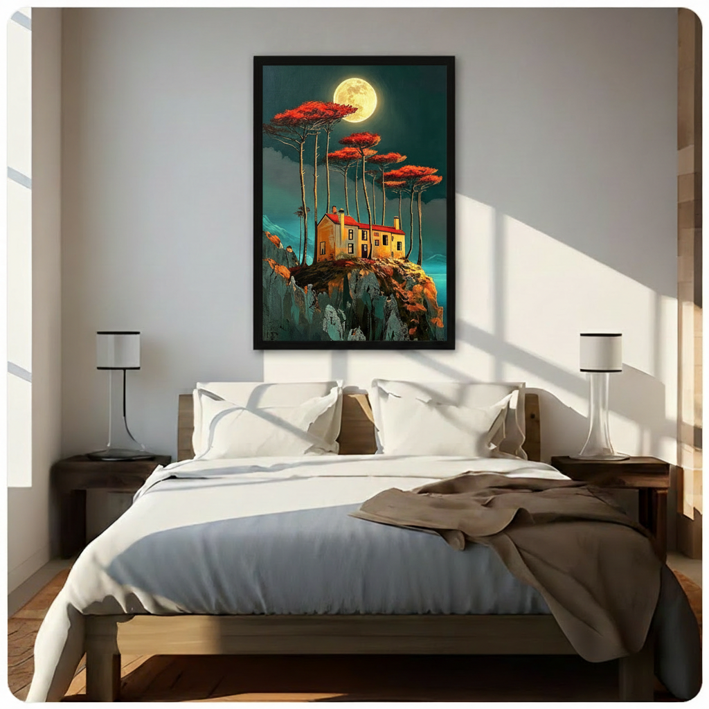 Surreal digital painting of a glowing golden cottage with a red roof perched on a rocky cliff surrounded by towering red-leafed trees under a luminous full moon on a teal night sky fantasy landscape wall art framed print above bedroom with white bedding and dark wood bedside tables