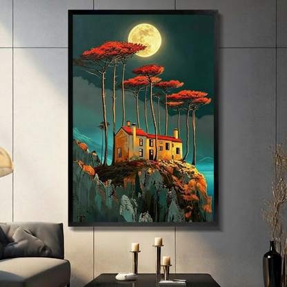 Surreal digital painting of a glowing golden cottage with a red roof perched on a rocky cliff surrounded by towering red-leafed trees under a luminous full moon on a teal night sky fantasy landscape wall art framed print in living room with dark gray panel wall and dark sofa