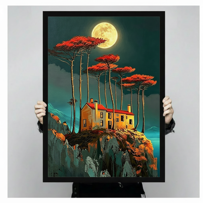 Surreal digital painting of a glowing golden cottage with a red roof perched on a rocky cliff surrounded by towering red-leafed trees under a luminous full moon on a teal night sky fantasy landscape wall art framed print held against light gray background