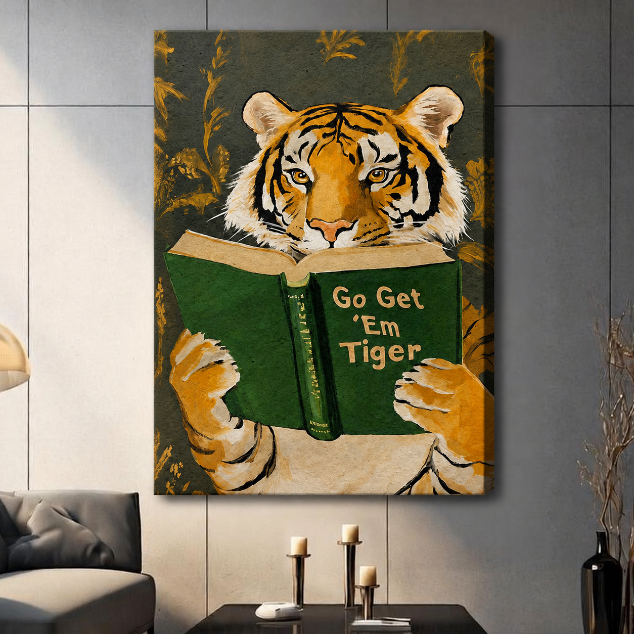 Go Get 'Em Tiger gallery-wrapped canvas art hung in a contemporary living room setting