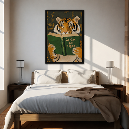 Go Get 'Em Tiger framed poster art above bed in a bright minimalist bedroom with natural light