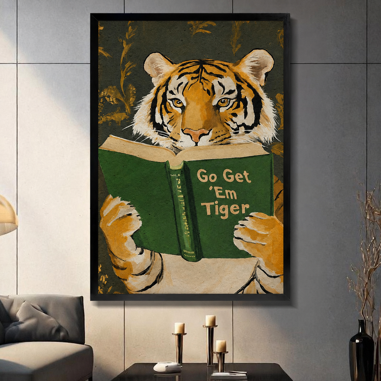 Go Get 'Em Tiger framed wall art print displayed in a modern living room with dark background