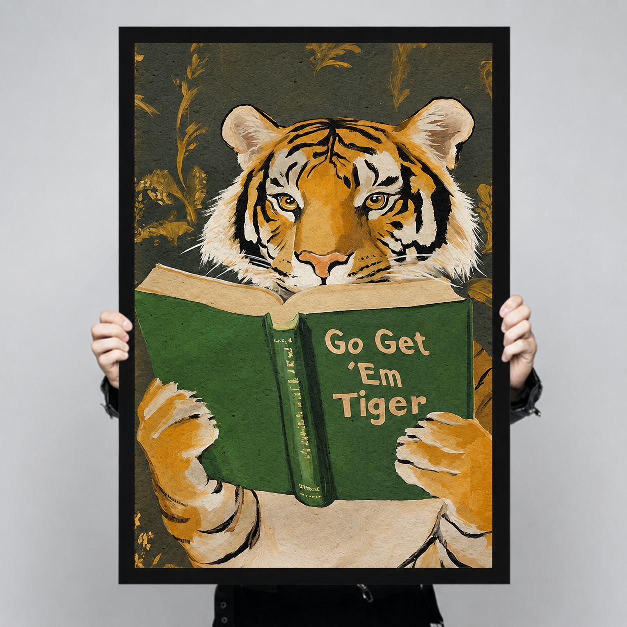 Close-up of Go Get 'Em Tiger motivational art print held up showing vibrant colors and texture detail