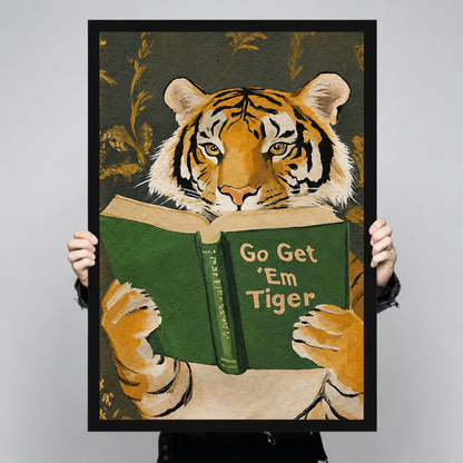Close-up of Go Get 'Em Tiger motivational art print held up showing vibrant colors and texture detail