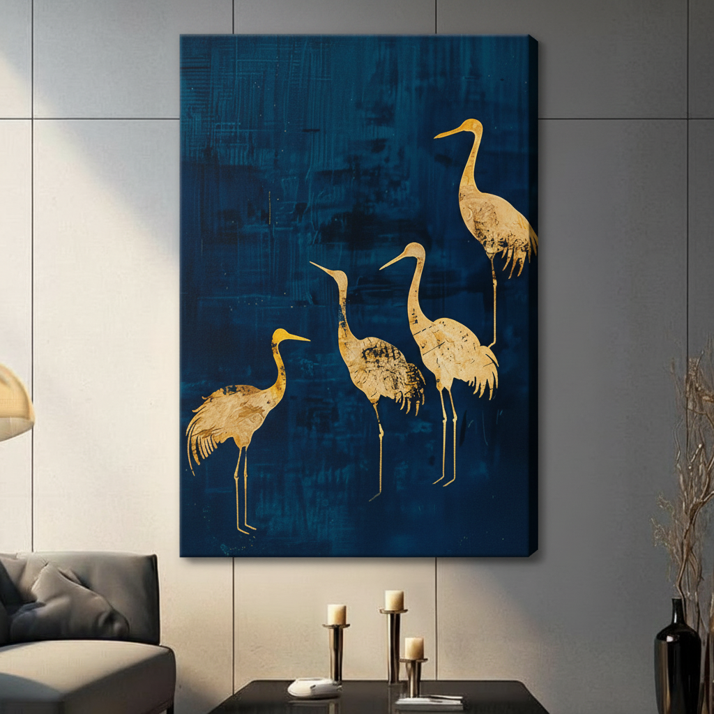Unframed stretched canvas print of four elegant golden cranes with gold foil texture silhouettes on a deep teal blue brushstroke background in a contemporary grey living room