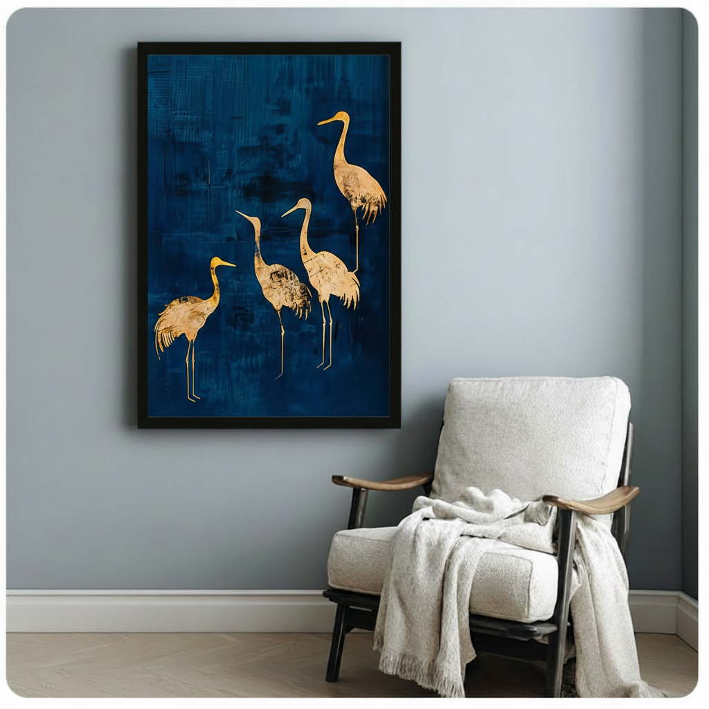 Black framed gold foil crane quartet canvas art print with four graceful golden cranes on a deep navy blue textured background on a light blue-grey wall beside a white linen armchair with draped throw