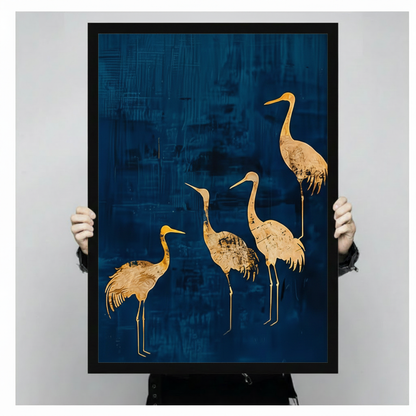 Person holding a large black framed gold foil crane quartet canvas art print showing print size scale and detailed golden crane silhouette texture on a deep navy blue abstract brushstroke background
