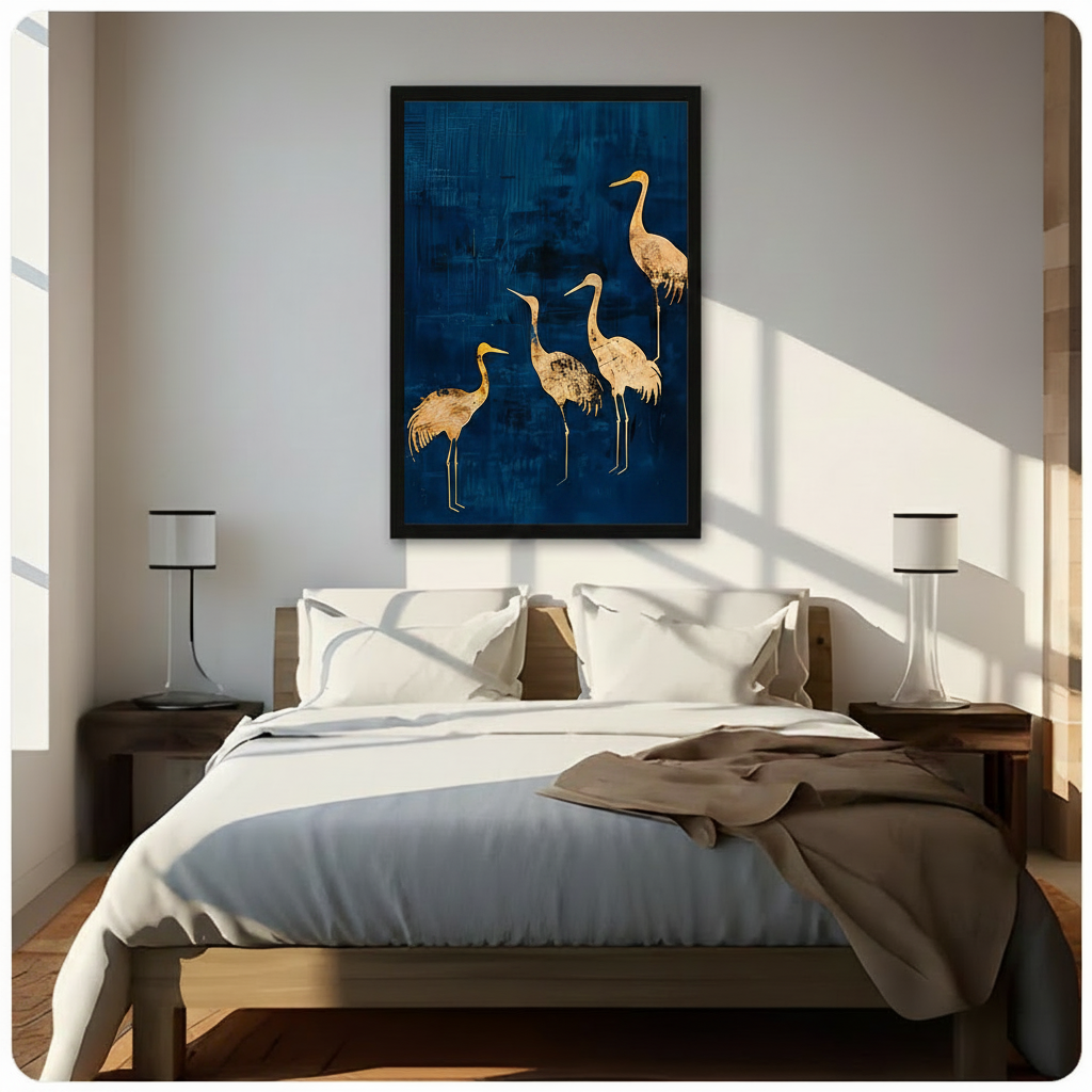 Framed luxury gold foil four cranes canvas wall art with elegant golden crane silhouettes on a deep navy blue textured background hung above a wooden bed with white bedding in a sunlit minimalist bedroom