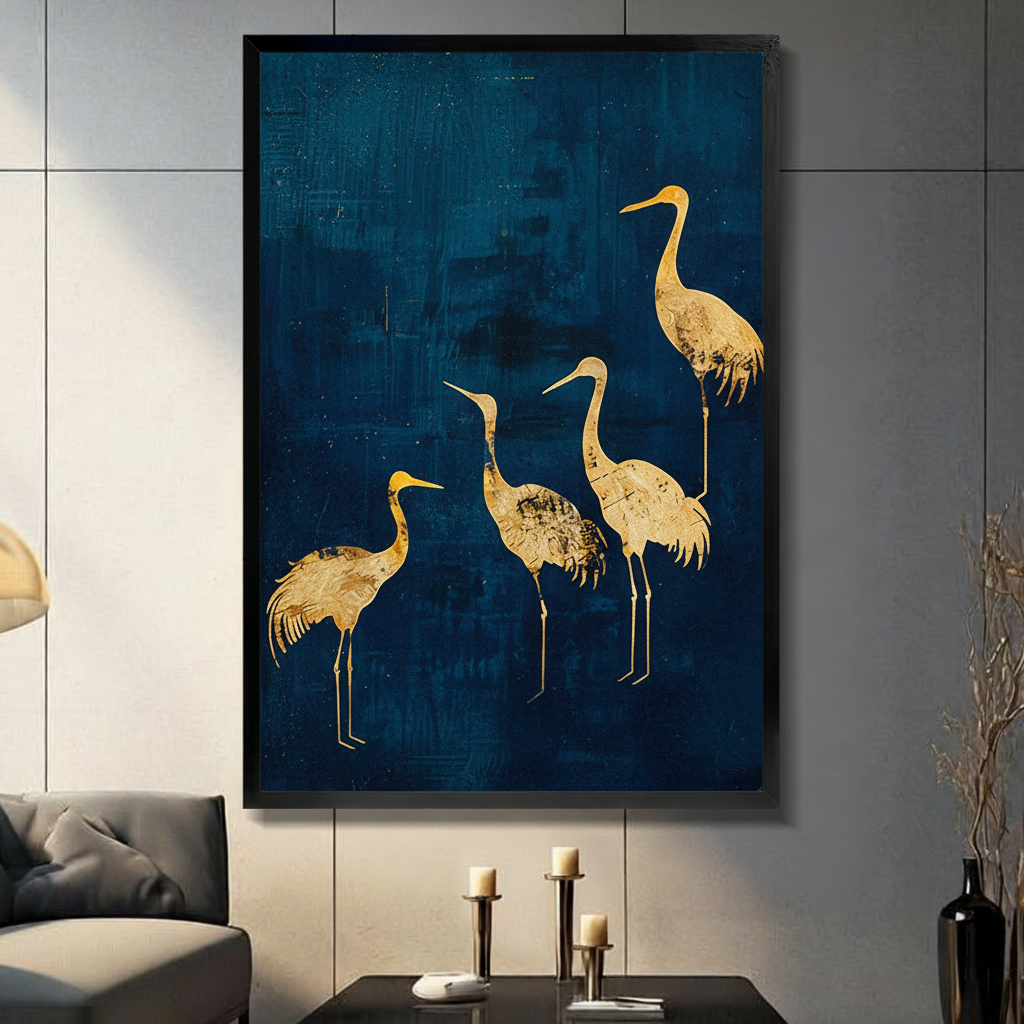 Framed luxury gold foil crane quartet canvas wall art with four golden cranes on a deep navy blue textured background displayed on a light grey wall in a modern living room with candle holders and vase