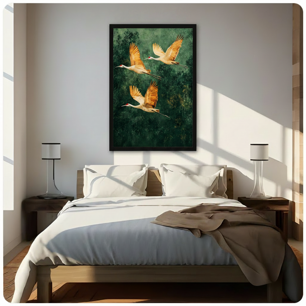 Elegant golden cranes in graceful flight over dark green forest, black framed nature wall art print above bed in serene sunlit bedroom