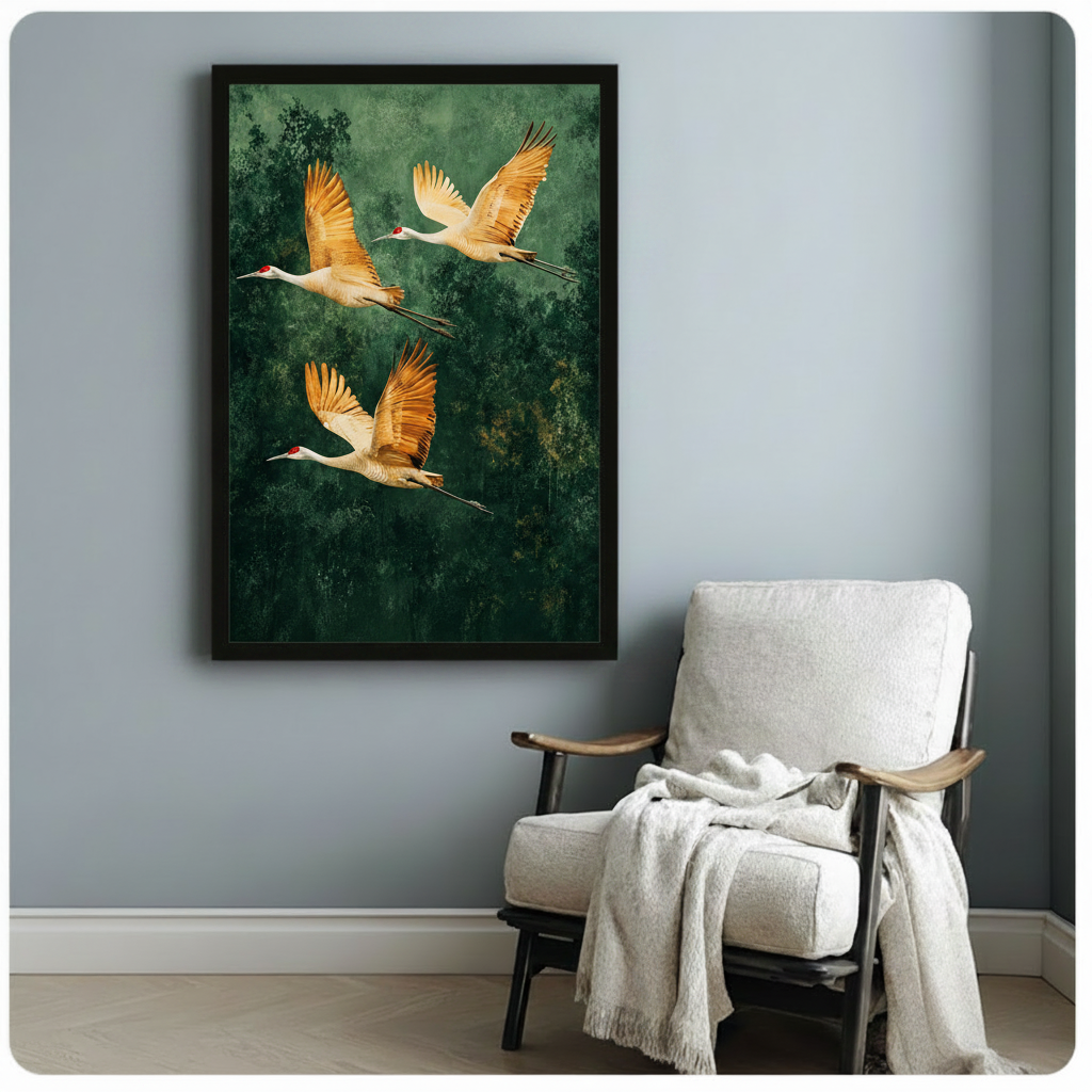 Pair of golden cranes with red crown gliding over lush green forest, black framed nature art print beside white armchair in bright minimalist room